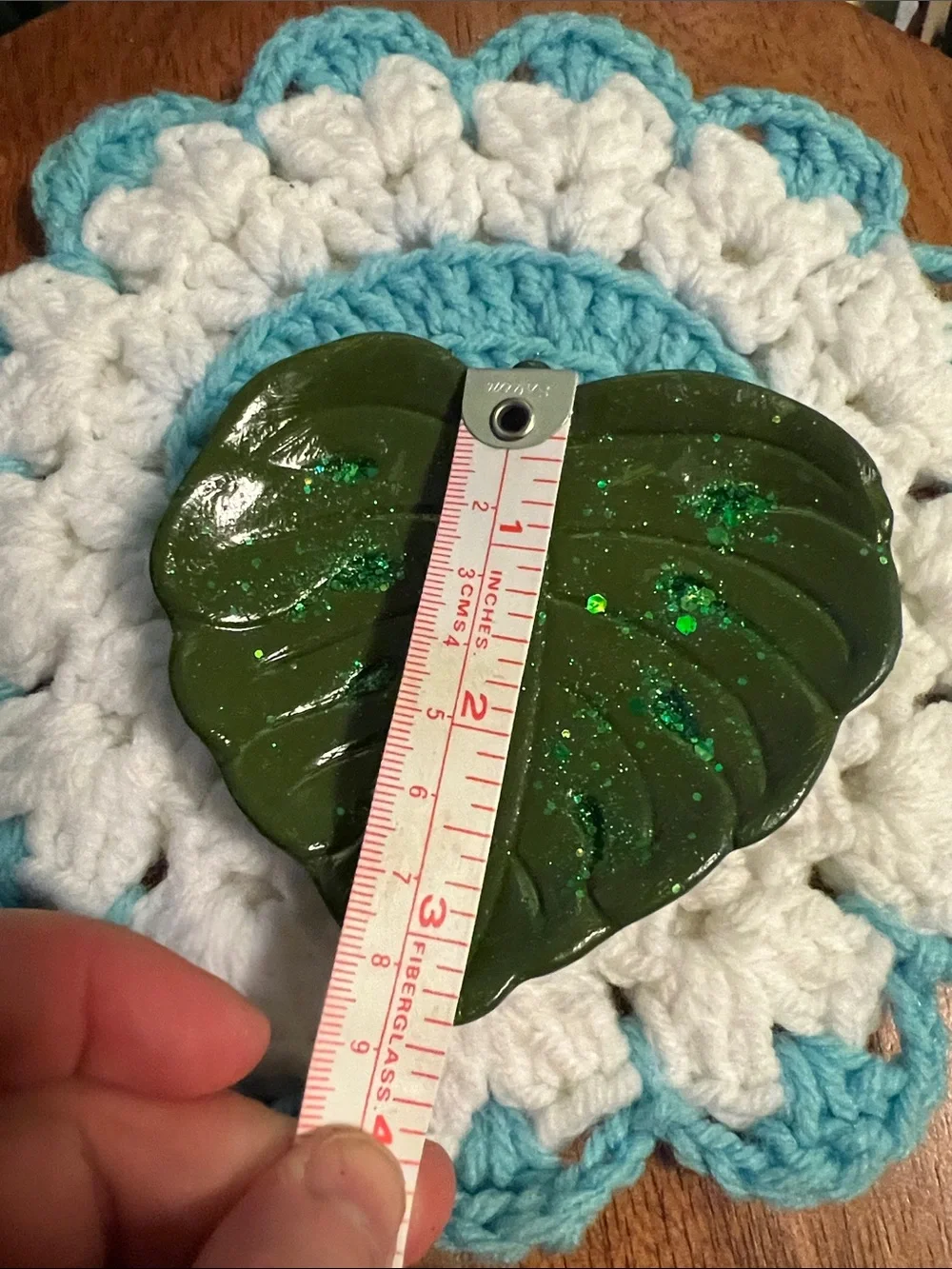 Handmade Olive Green Leaf Trinket Dish with Green Glitter - Picture 7 of 7